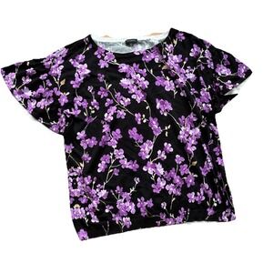 Talbots Sweater Women's Large Black Purple Floral Short Sleeve